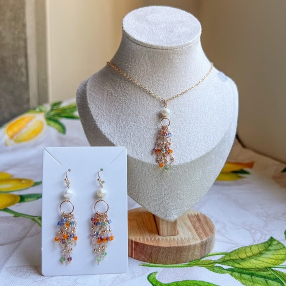 Jewelry Set Boho Tassel, Colorful Bohemian Mini Hoop Waterfall Pearl Fun Set